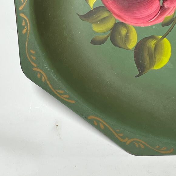 Vintage Nash Company Metal Tray Tole Painting Fruit Olive Green 14 Inch MCM - Picture 5 of 10